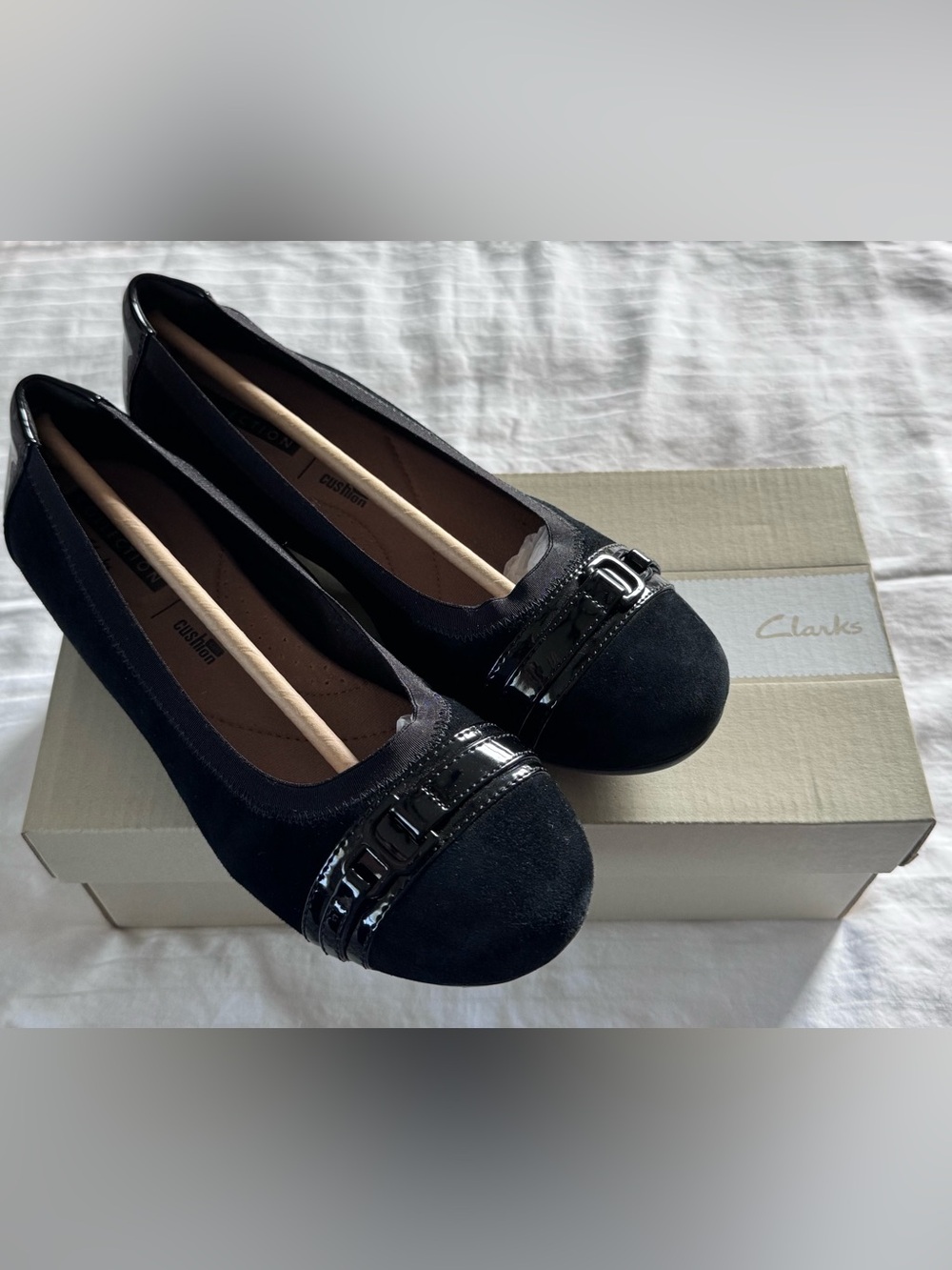 Classic Clarks Kenzie Light Black Suede Ballet Flats with Patent Trim and Buckle